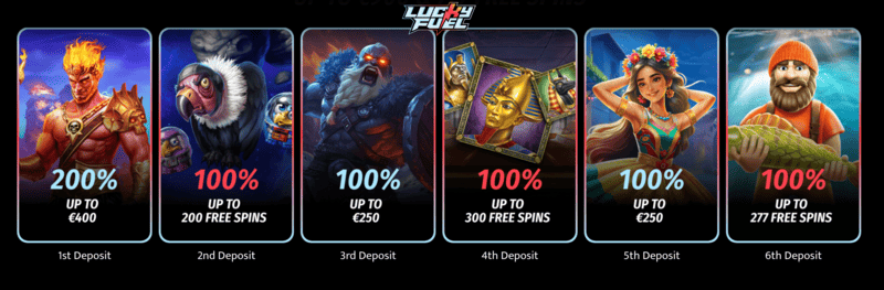 Velkomstbonus hos LuckyFuel casino fordelt på seks indskud
